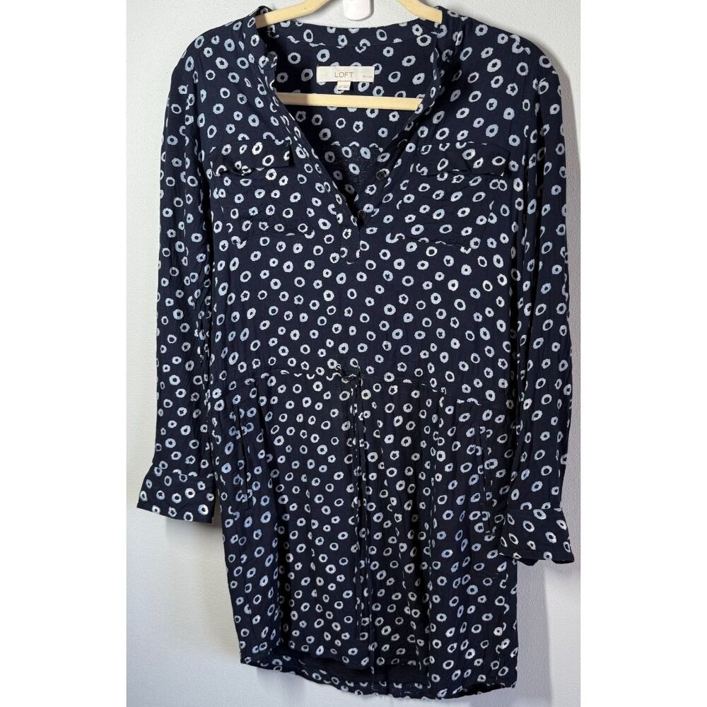 Ann Taylor LOFT Navy Blue/WHite Floral Tunic Dress Chinch Waist Petite Small